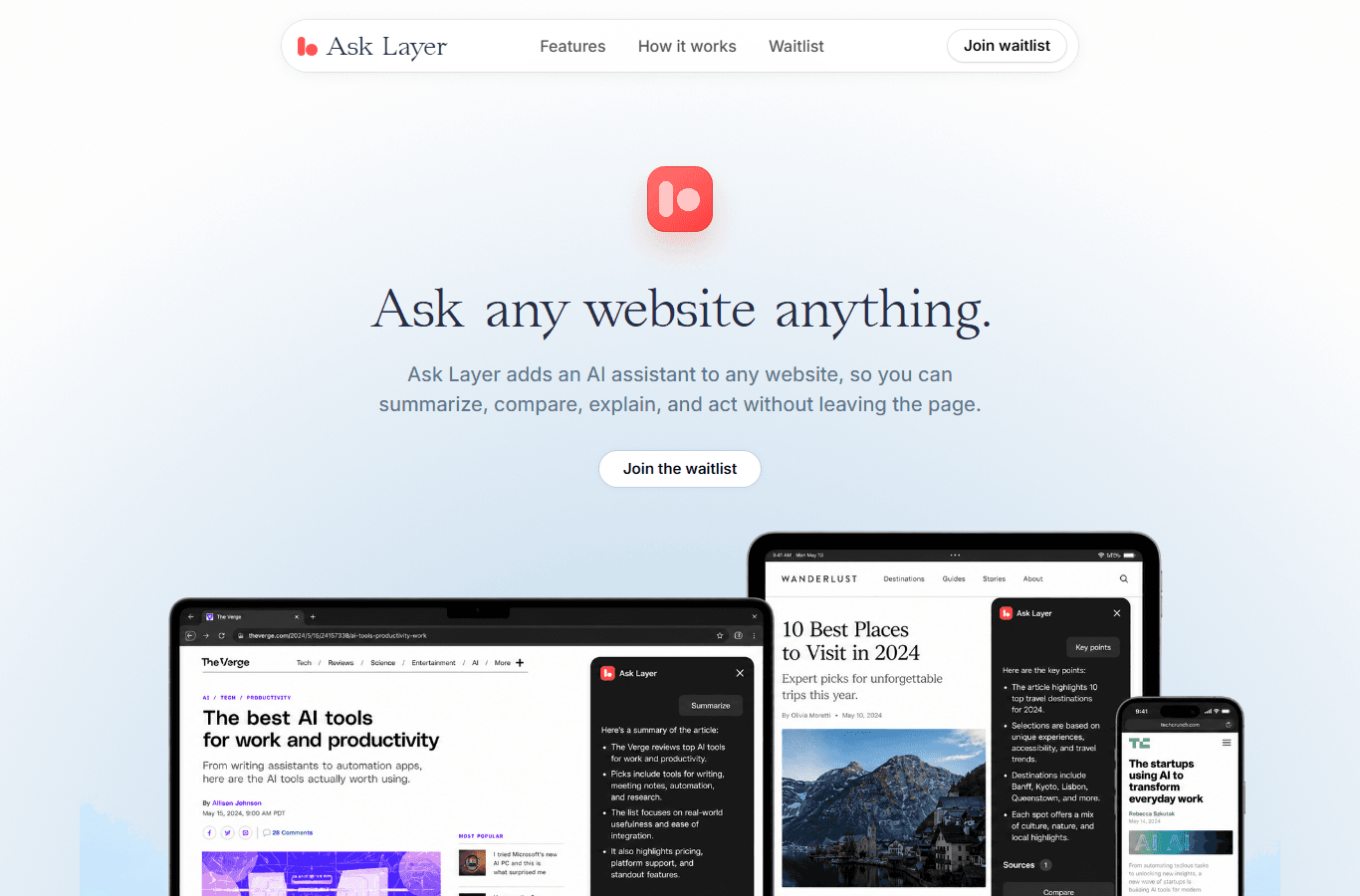 Ask Layer landing page hero with device screenshots