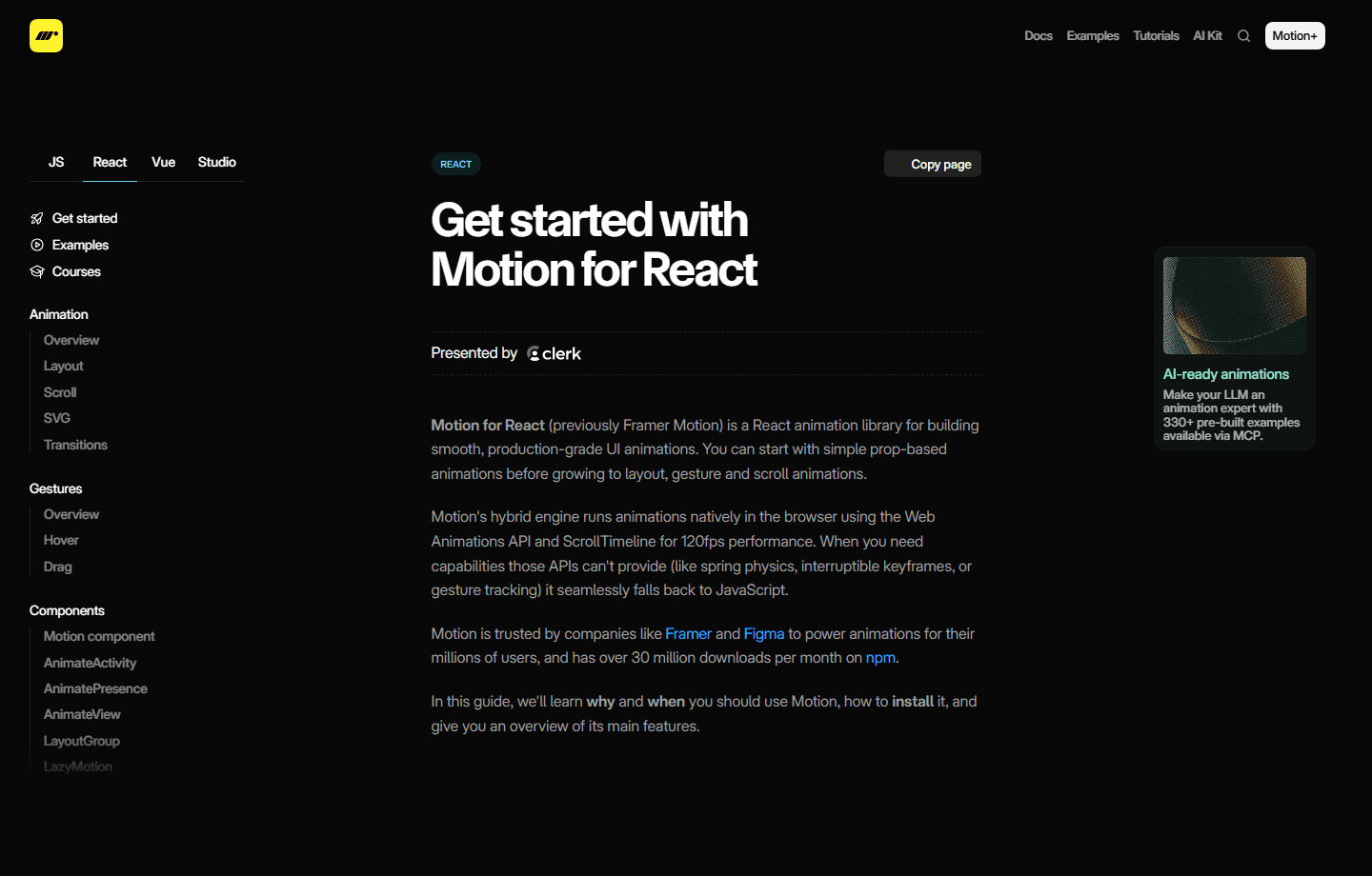 Motion for React documentation screenshot